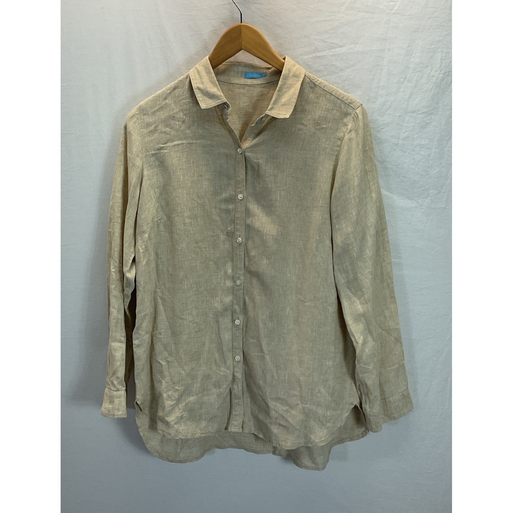 J. McLaughlin Womens Size L 100% Linen Top Button-Up Shirt Tan Long Sleeve